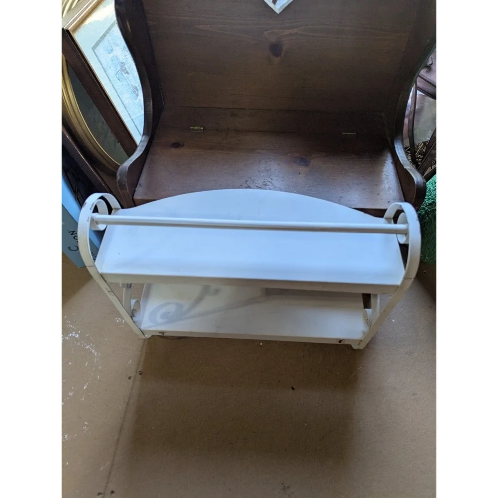 Vintage White Metal Wall Shelf 2 Tier Bathroom Organizer with Towel Bar